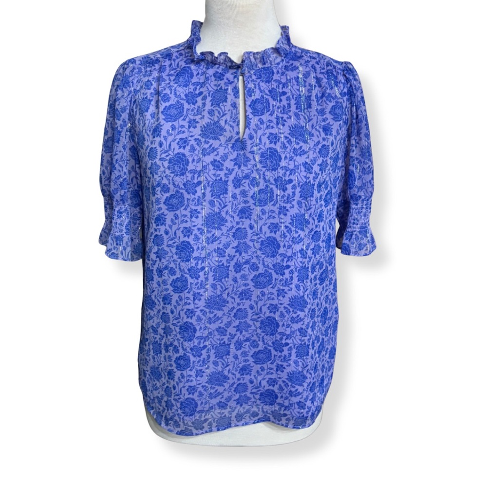 💙 J.Crew Puff-Sleeve Crinkle Chiffon Top – Rose Vines | Size S - Picture 2 of 8